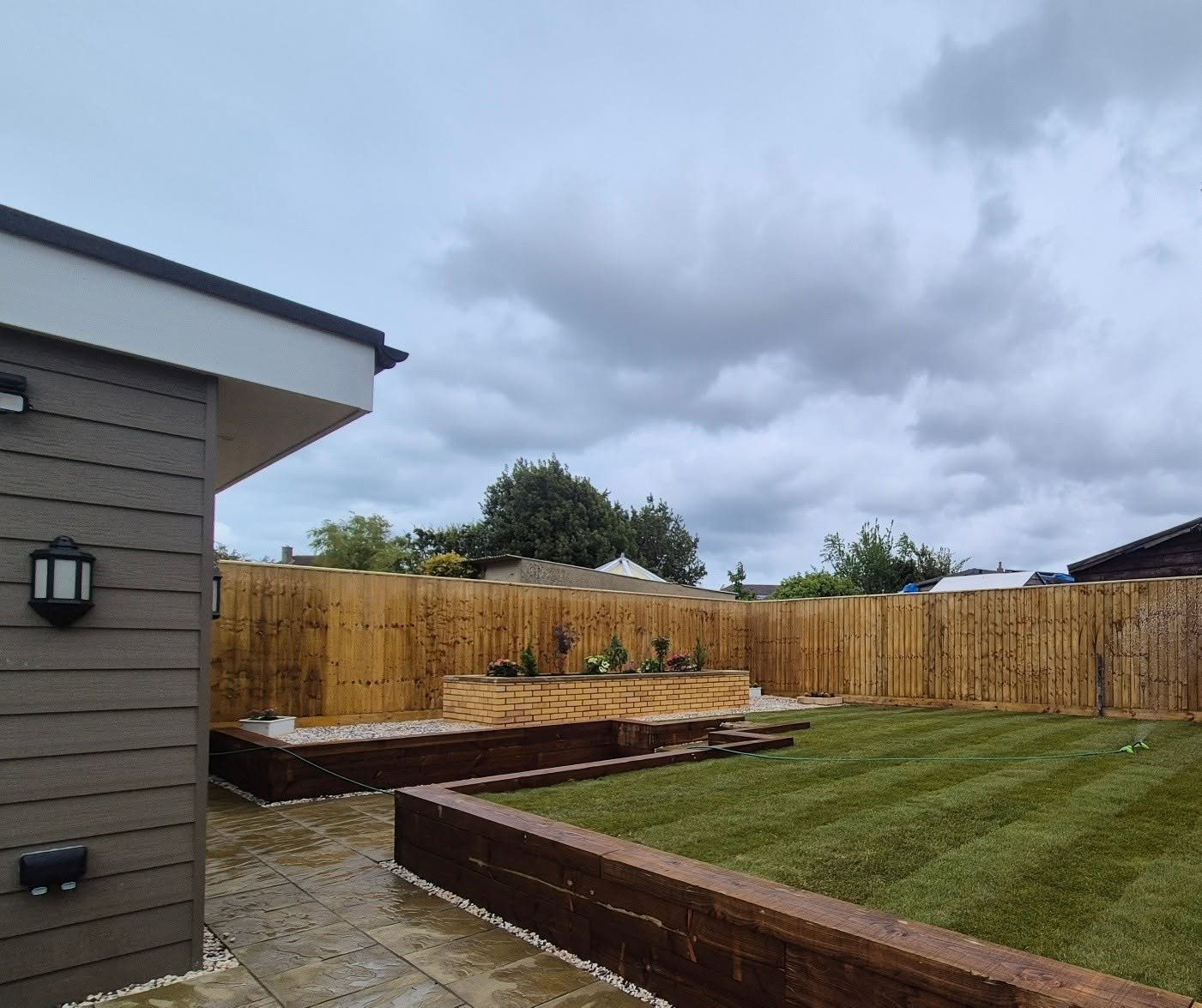 Beautiful landscaped backyard with lawn, patio and fencing
